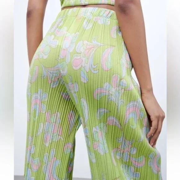 Zara Lime Green Pleated Wide Leg Pant m - Picture 3 of 13